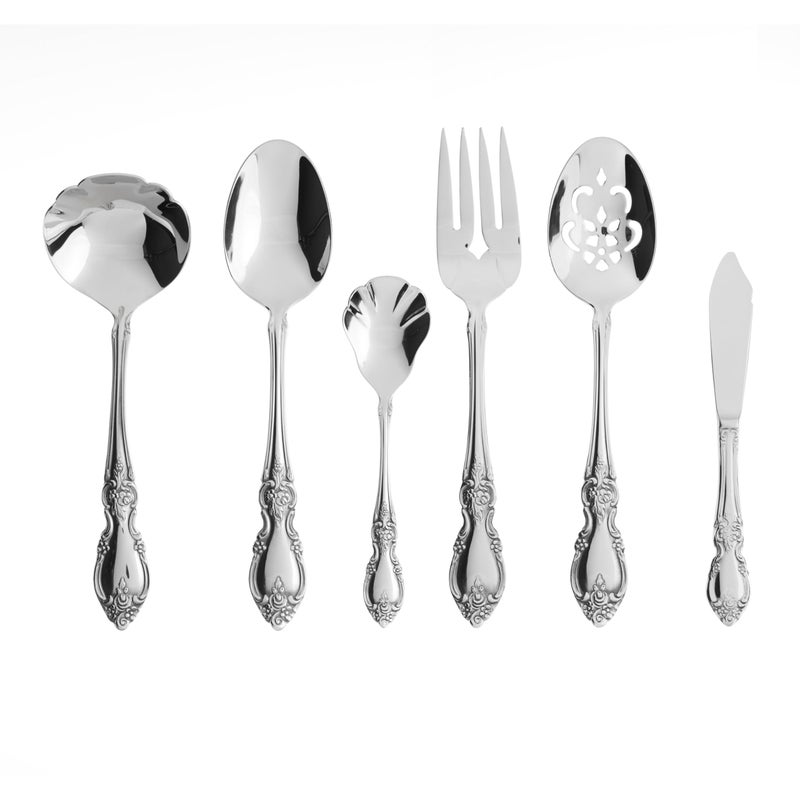 Oneida Silverware Serving Utensils Set of 6, Louisiana 6-Piece Fine Flatware Serveware Set, Serving Spoons Fork Ladel & Spreader, 18/8 Stainless Steel, Mirror Finish, Dishwasher Safe (Silver 6 Pieces) - Image 1